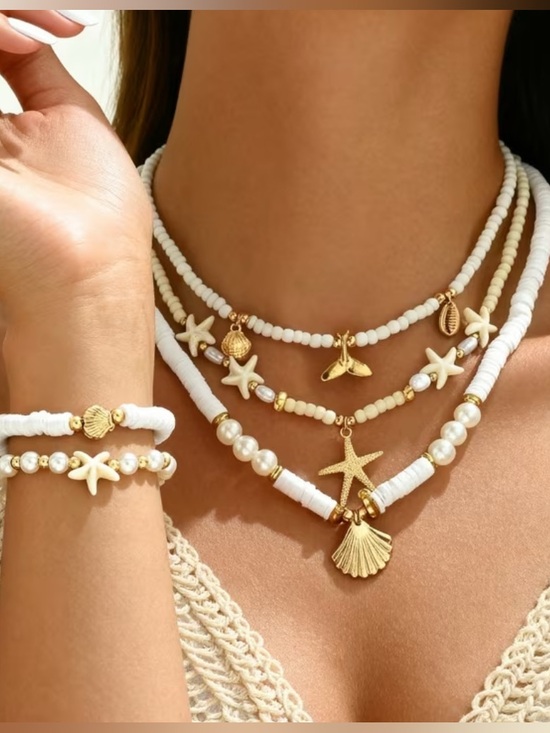 Anthropologie Jewelry - Gold Shell & Starfish Layered White Beaded Necklaces and Bracelets Set